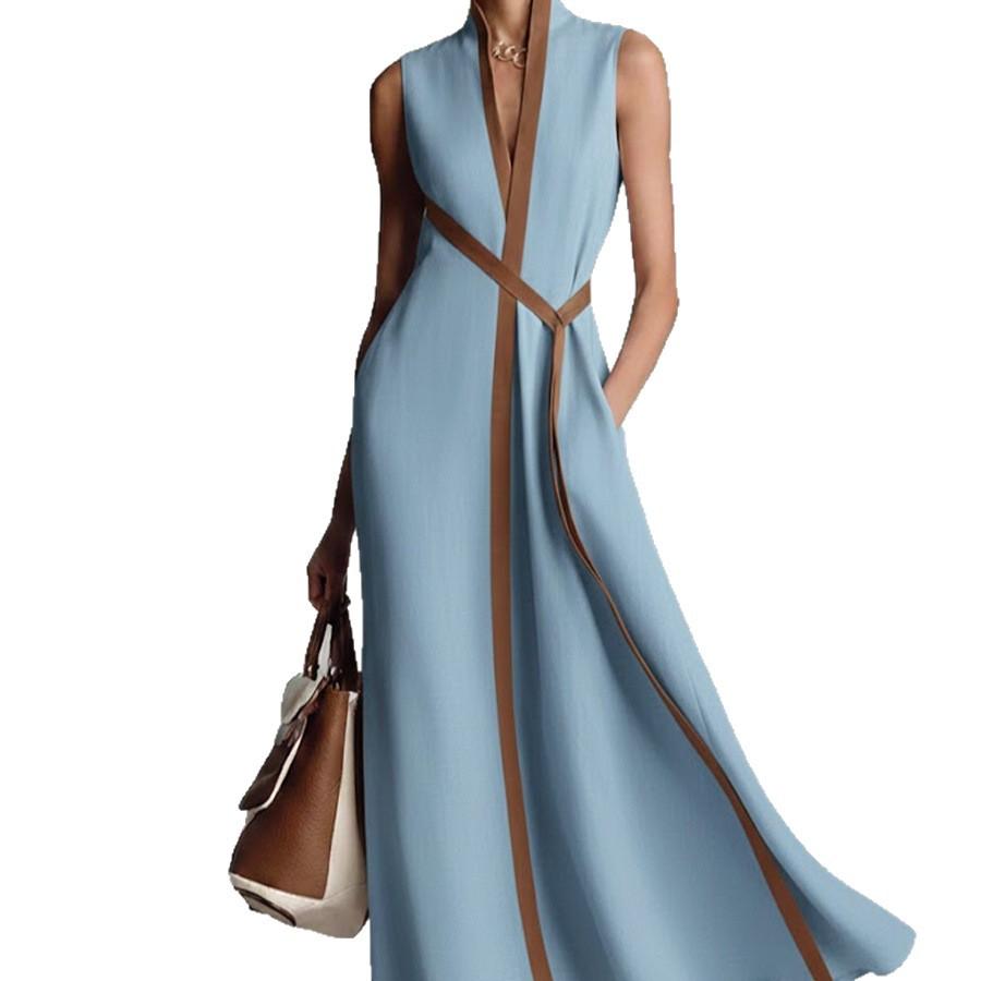 2026 women's contrasting color sleeveless stand-up neck cotton and linen dress