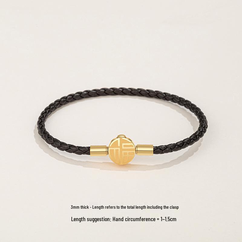 Fu Brand Leather Bracelet with Gold Buckle and Lucky Beads for Men, Women, Couples