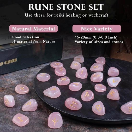 Crocon Rose Quartz Gemstone Rune Stone with Elder Futhark Alphabet Engraved Symbol 25 pcs Set for Feng Shui Reiki Crystal Healing Chakra Balancing