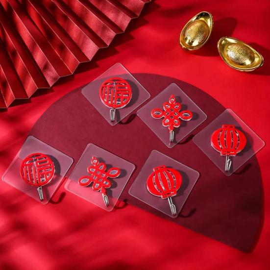 8Pcs Chinese Style Self-adhesive Hooks Drill-Free Installation Festive Decor Hooks Red Lanterns Chinese Knots Hooks for Spring Festival Home