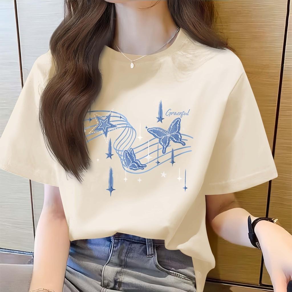 

Women s short sleeved trendy T-shirt with bow print, women s loose round neck top XXS