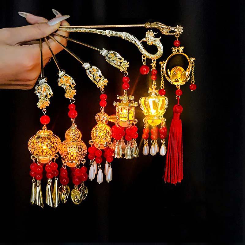 Chinese Rabbit Lantern Hair Pin Clips Hair Sticks LED Light Hair Accessories for Women Kids Retro Lotus Flower Tassel Headpieces