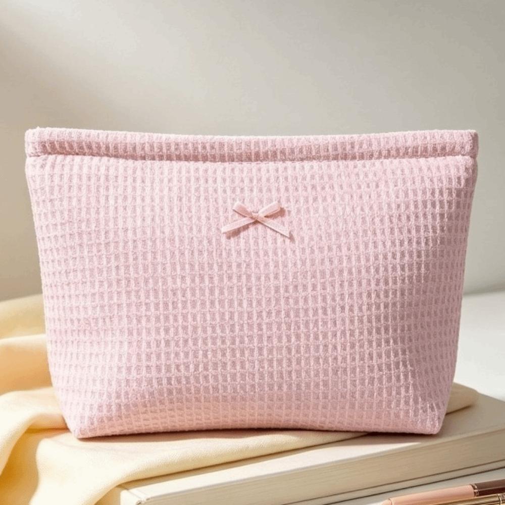 Large Capacity Waffle Knit Makeup Bag Bow Decor Toiletry Organizer Sweet Cosmetic Bag Daily
