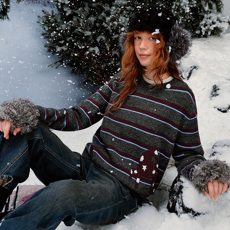 Women's Retro Striped Embroidered Round Neck Sweater