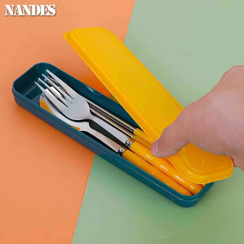 3pcs Set Portable Dinnerware Kit Spoon Fork Chopstick Cutlery Tableware with Box Set Stainless Steel Travelling Dinnerware Set