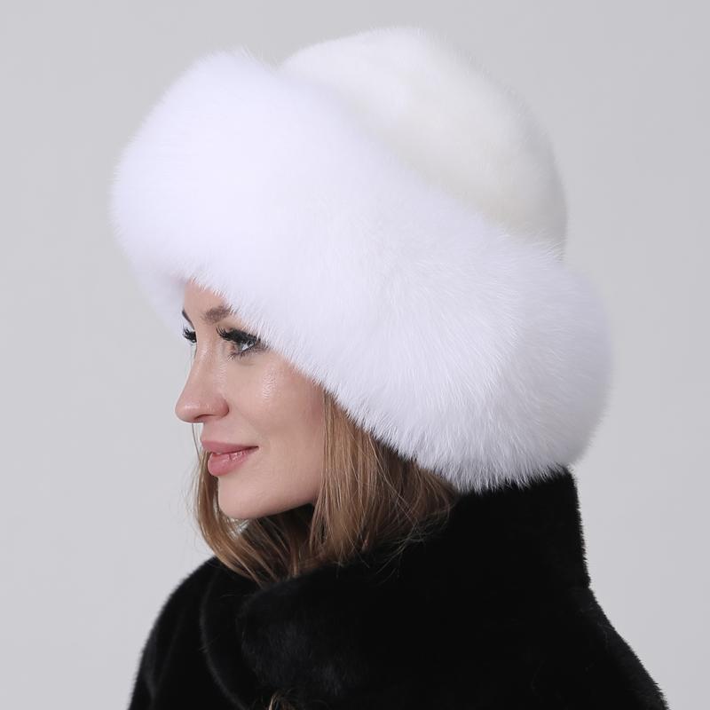 Real Fur Dome Hats for Women Natural Fox Mink Fur Cap Winter Luxury Warm Fashion Snow Hats