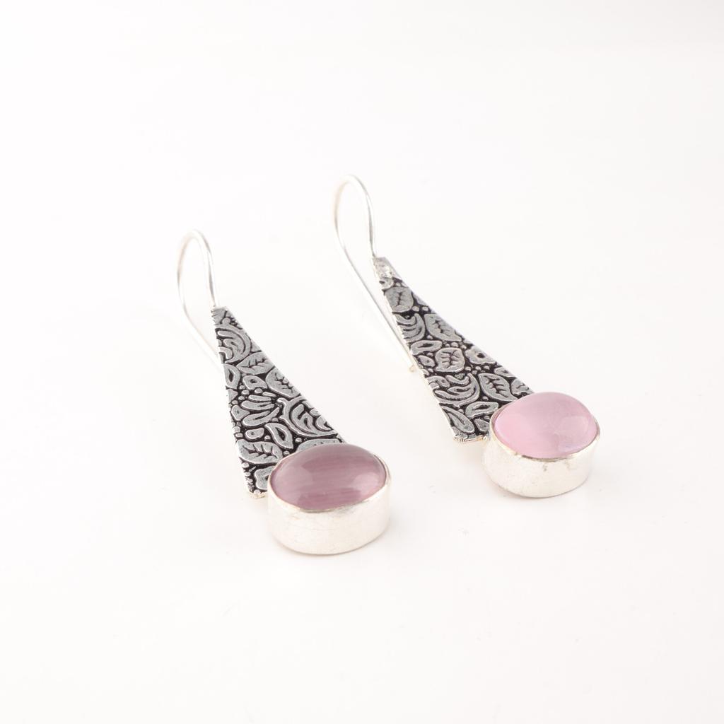 Natural Purple Cat's Eye Gemstone 925 Fine Silver Jewelry Handmade Earrings 1.9" EE-165-41