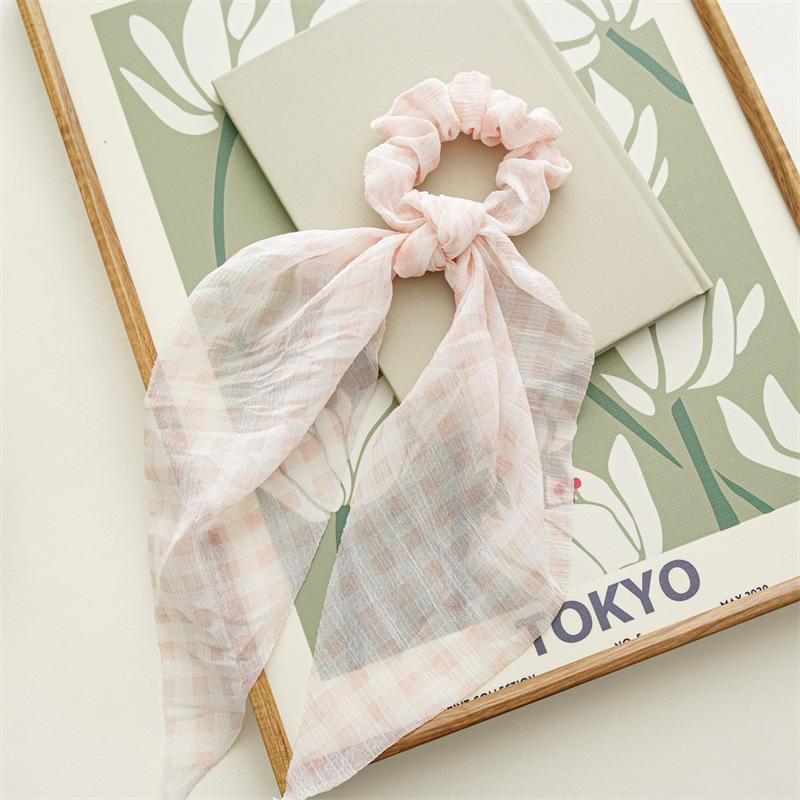 Chip Flower Grid Print Bow Hair Scarf Hair Scrunchies Chiffon Floral Scrunchie Hair Bands Ponytail Holder Scrunchy Ties 34cm 1Pc