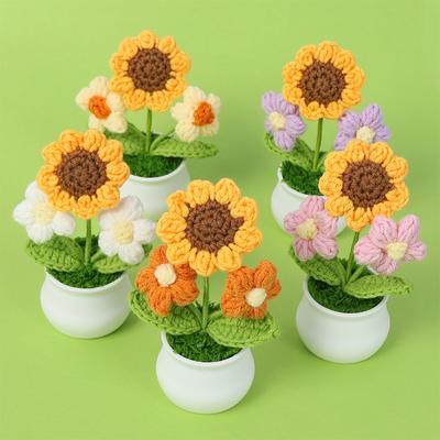 Artificial Sunflower Crochet Flowers Hand-knitted Flower Potted Finished Woven Flowers Pot Graduation Birthday Party Gift Decor