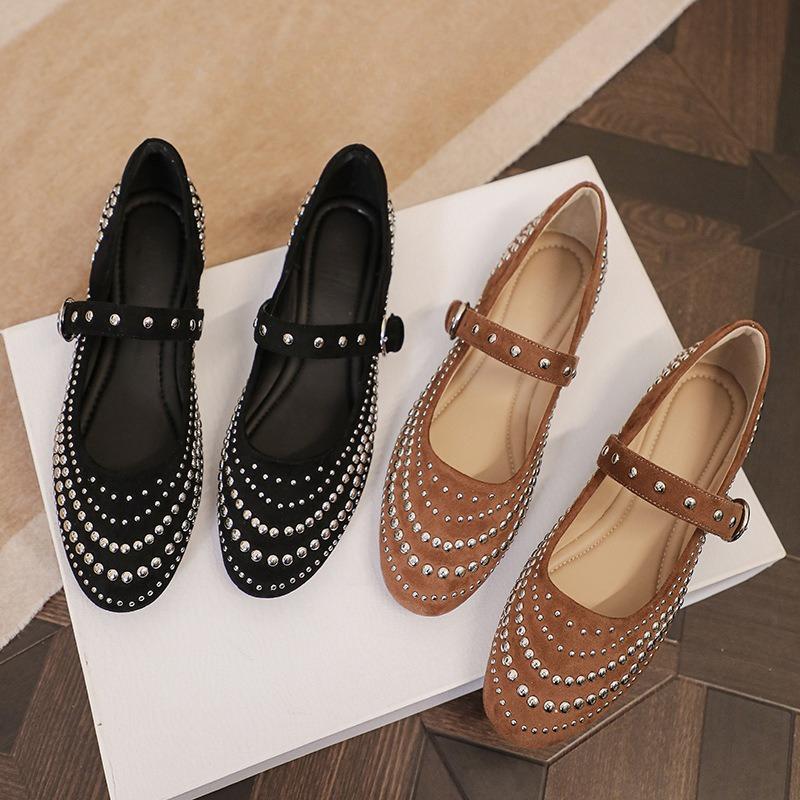 Fashion Retro Rivet Mary Jane Shoes Women Belt Buckle Shallow Round Toe Single Shoes Female Fashion Suede Elegant Dress Shoes Ladies
