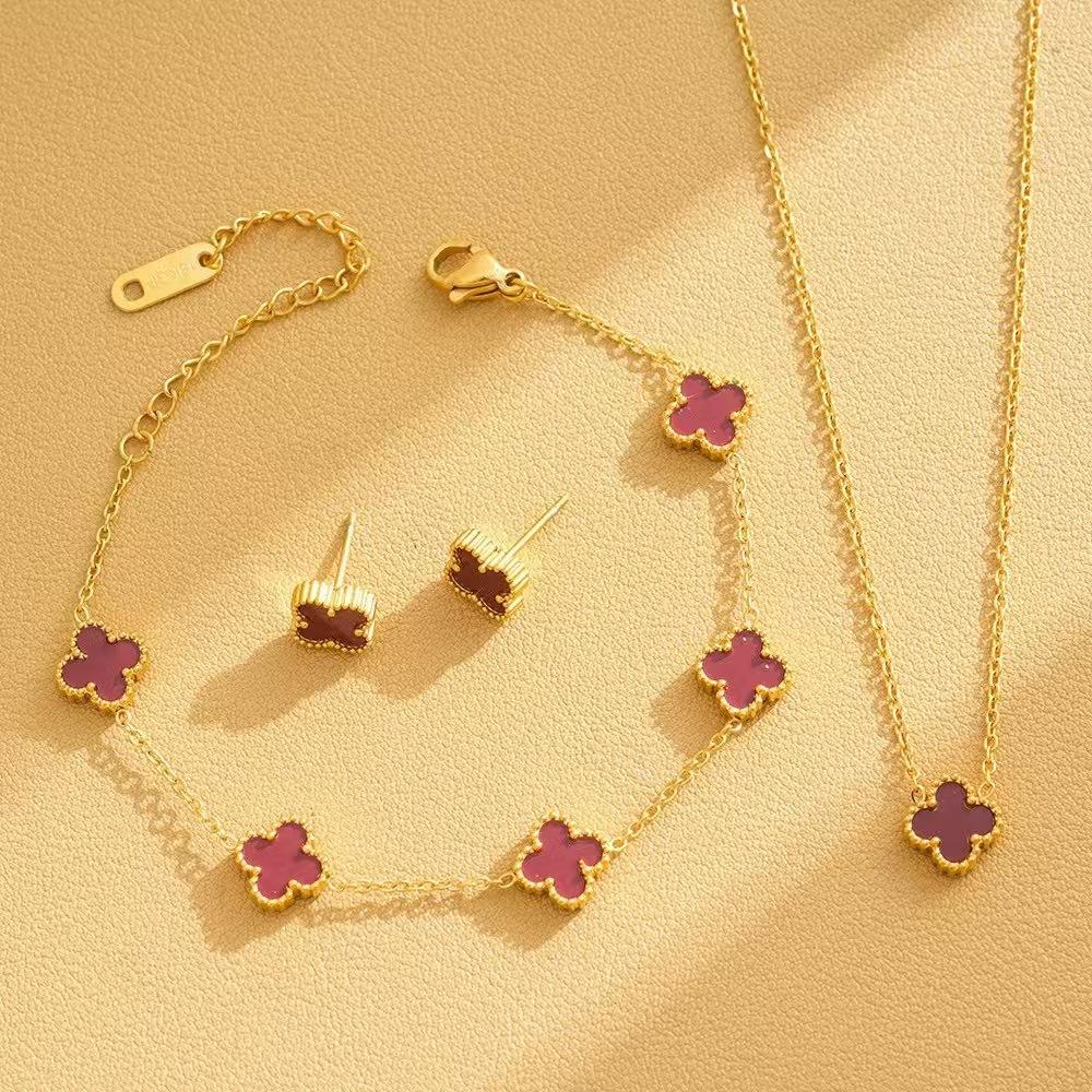 Titanium Steel 9mm Small Four-leaf Clover Bracelet Necklace and Earring Set Colorfast Luxury Jewelry