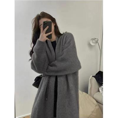 Autumn Winter New Fashion V-neck Long Sleeve Solid Medium Long Styles Cardigan Women's Clothing Loose Korean Knitting Trend Tops