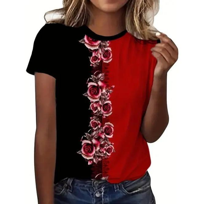 Summer Elegant Temperament Retro 3D Flower Pattern Printed Round Neck Short Sleeved Women's T-shirts