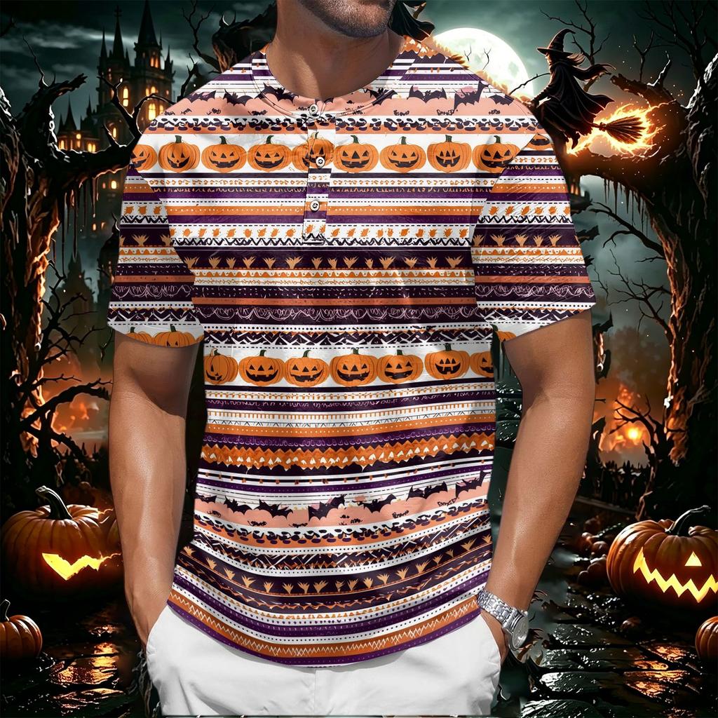 Men's Halloween Print Henley Short Sleeve Shirt Casual Lightweight Breathable Top with Button Front Design for Everyday Wear