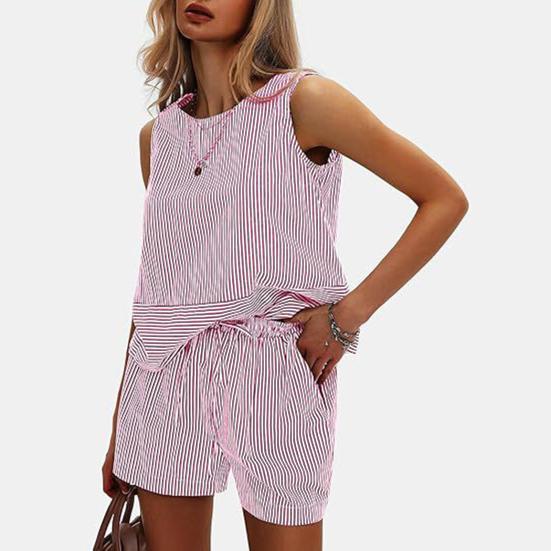 Γυναικεία καλοκαιρινά 2 τεμάχια, σετ αμάνικα σορτς με φανελάκι, casual ριγέ φόρμα, σετ για διακοπές και παραλία, ασορτί σετ