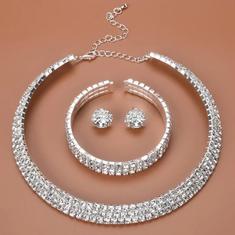 3Pcs Full Diamond Necklace Earrings Bracelets Three Piece Set Of Metal Flower Hollow Collar Bridesmaid Bride Set Female Jewelry