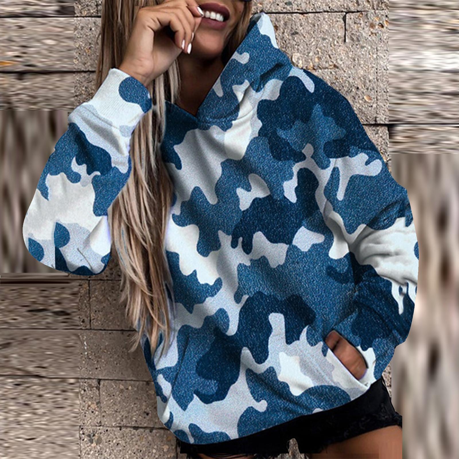 

Жіноча повсякденна толстовка з камуфляжним принтом, пуловер з довгими рукавами, блуза з капюшоном S синій