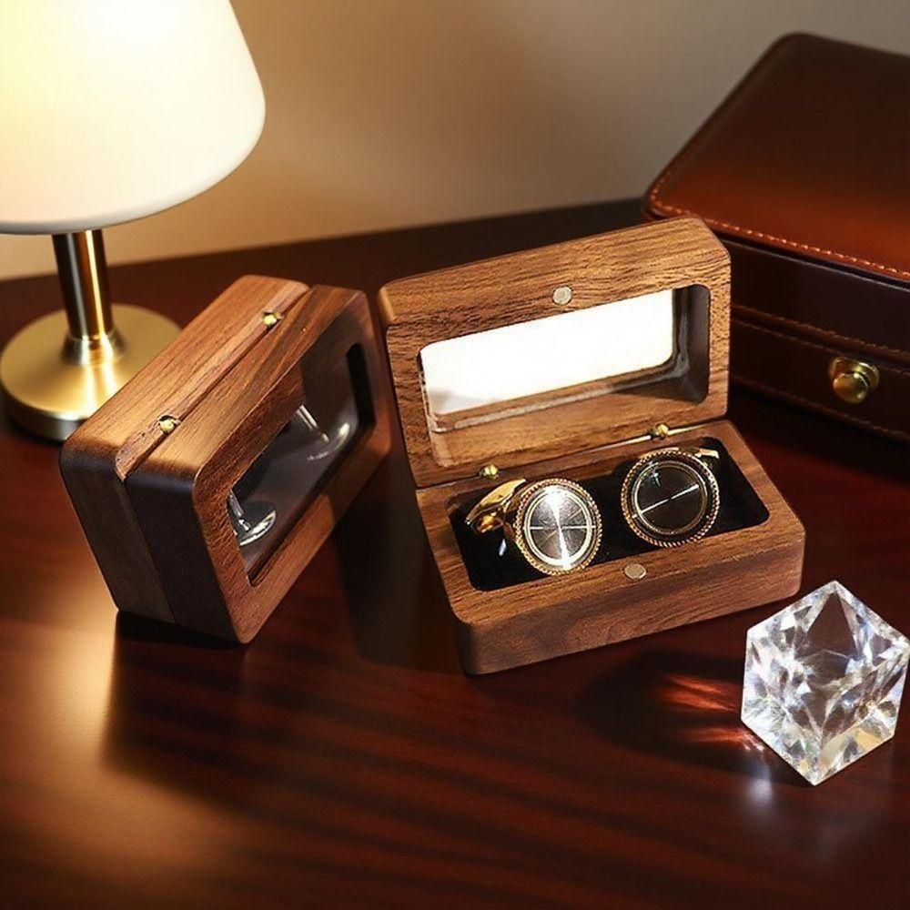 Rectangular Black Walnut Cufflinks Box Double Slot Jewelry Ring Holder Wooden Ring Box Couples