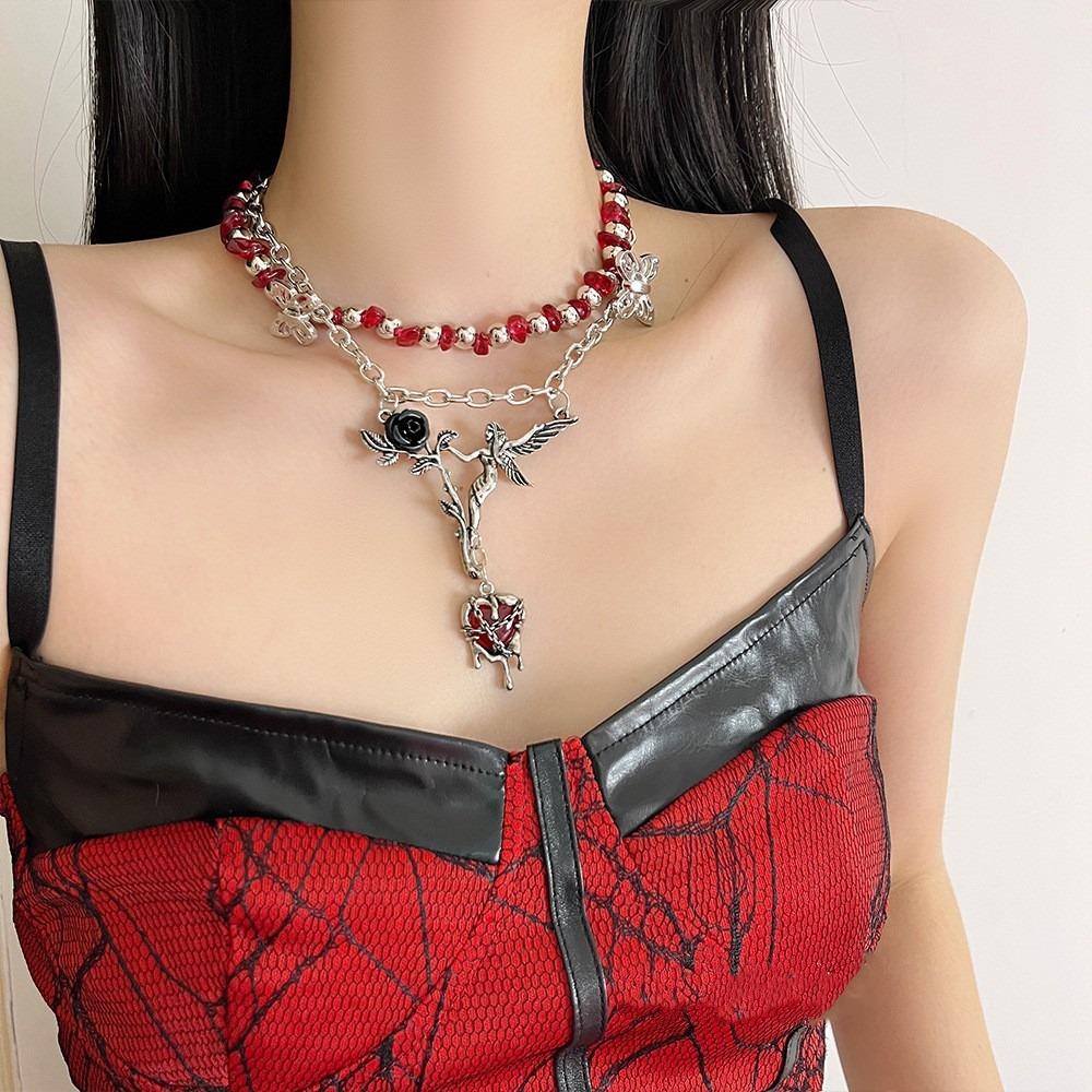 Angle Gothic Multilayer Necklace Rose Flower Clavicle Chain Choker Crystal Beads Necklace  Party
