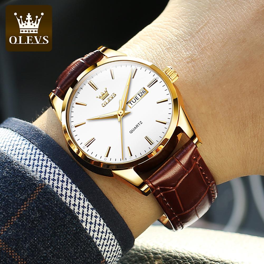 OLEVS 6898 Luxury Quartz Movement Watch for Men Sports Shock-resistant Calendar Leather Luminous Waterproof Mens Wristwatches