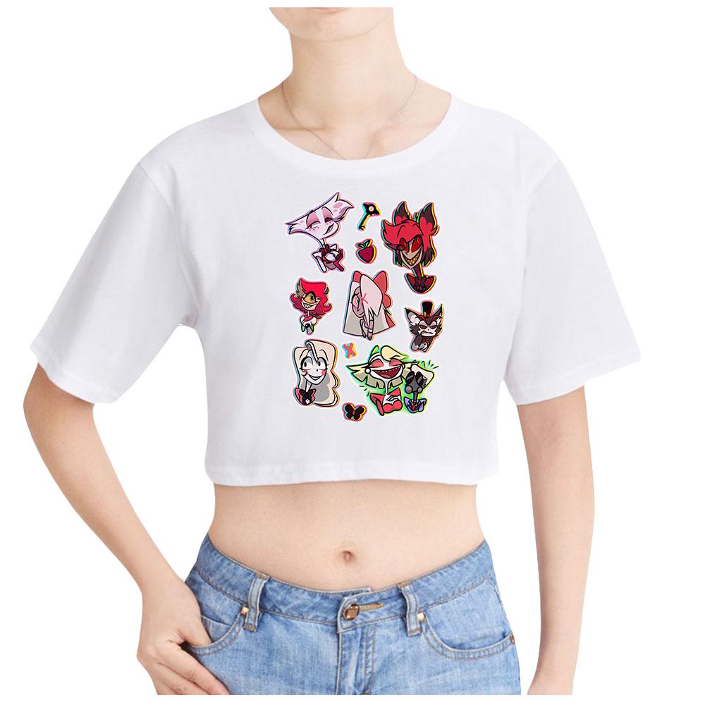 Tricou cu mânecă scurtă cu mânecă scurtă și cu gât rotund, cu imprimeu animat, elegant Hazbin Hotel, crop topuri sălbatice, casual, pentru vară