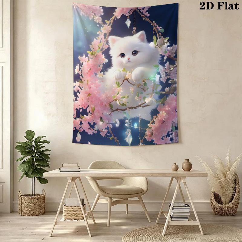 Whimsical Cat & Florals Pattern Home Decor Tapestry, Wall Hanging, Decorative RV Wall Cloth.ZGT0914425