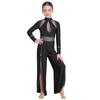 Kids Stage Performance Leotard Mock Neck Long Sleeve Sequins Rhinestone Mesh Patchwork Back Zip Split Wide Leg Jumpsuit for Lyrical Dance