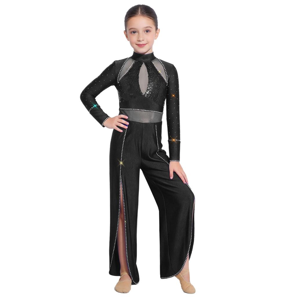 Kids Stage Performance Leotard Mock Neck Long Sleeve Sequins Rhinestone Mesh Patchwork Back Zip Split Wide Leg Jumpsuit for Lyrical Dance
