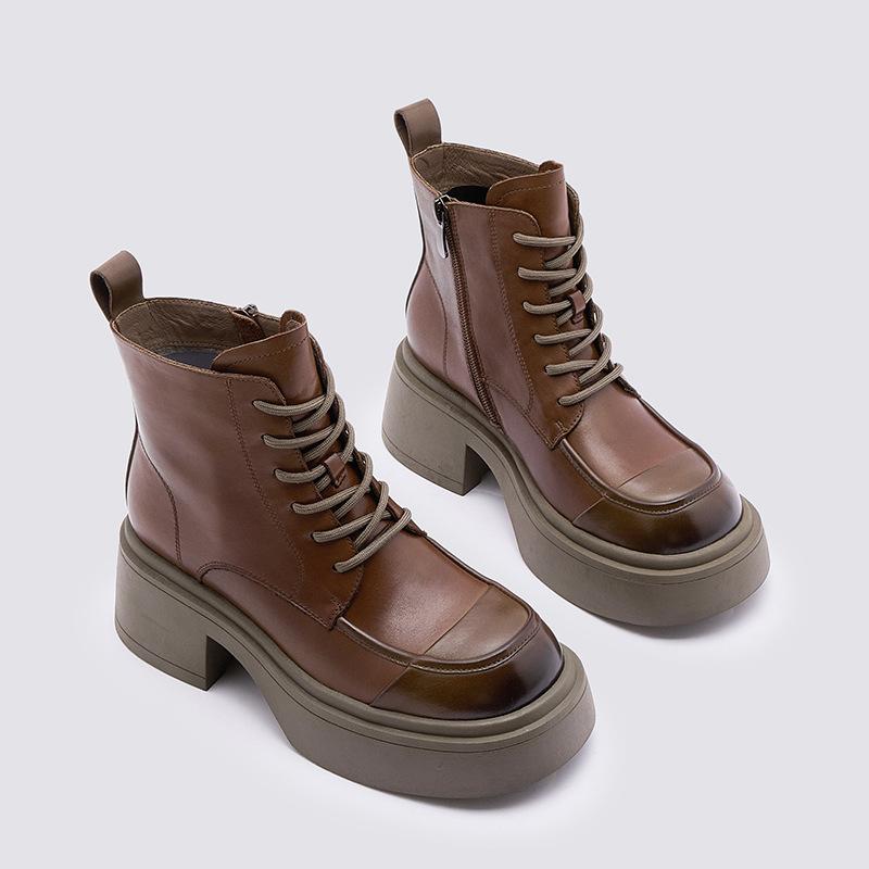 Leather Martin Boots Women's 2025 Autumn and Winter New Thick-soled Versatile Short Boots Fleece Warm Black Retro Boots Medium Tube