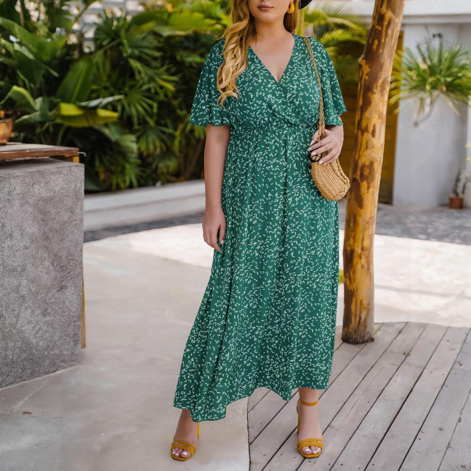 

Women s Fashionable Plus Size Floral Print V-neck Short Sleeved High Waisted Loose Dress XXL синий