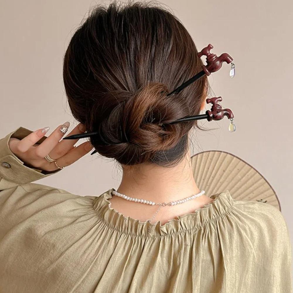Korean Style Wood Faucet Shape Hair Stick Water Drop Creative Hairpin  Hanfu Headwear