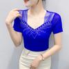New European Sweet Women's Clothes T-shirt Chic Shiny Hot Diamonds Mesh Tees Sexy Square Neck Short Sleeve Female Summer Tops