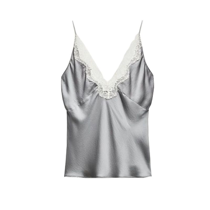 Spring New Women's French Style Elegant Sexy Lace Decorative Silk Satin Textured Vest Tops 1067261