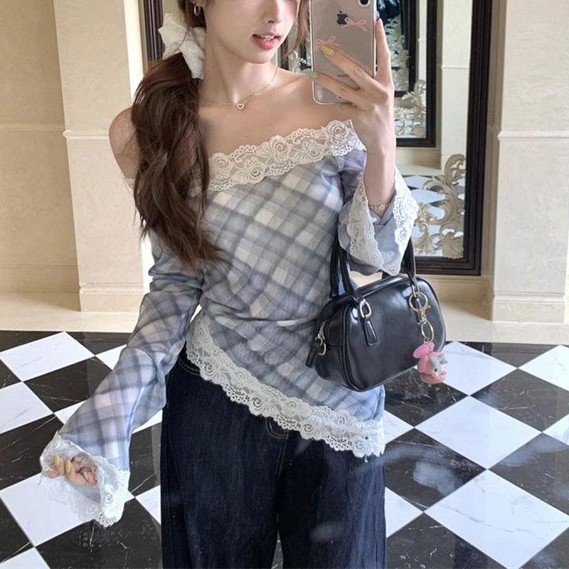 Vintage Plaid Irregular Slim T-shirts Women's Clothing Slash Neck Lace 2025 Autumn Asymmetrical Fashion Off Shoulder Pullovers