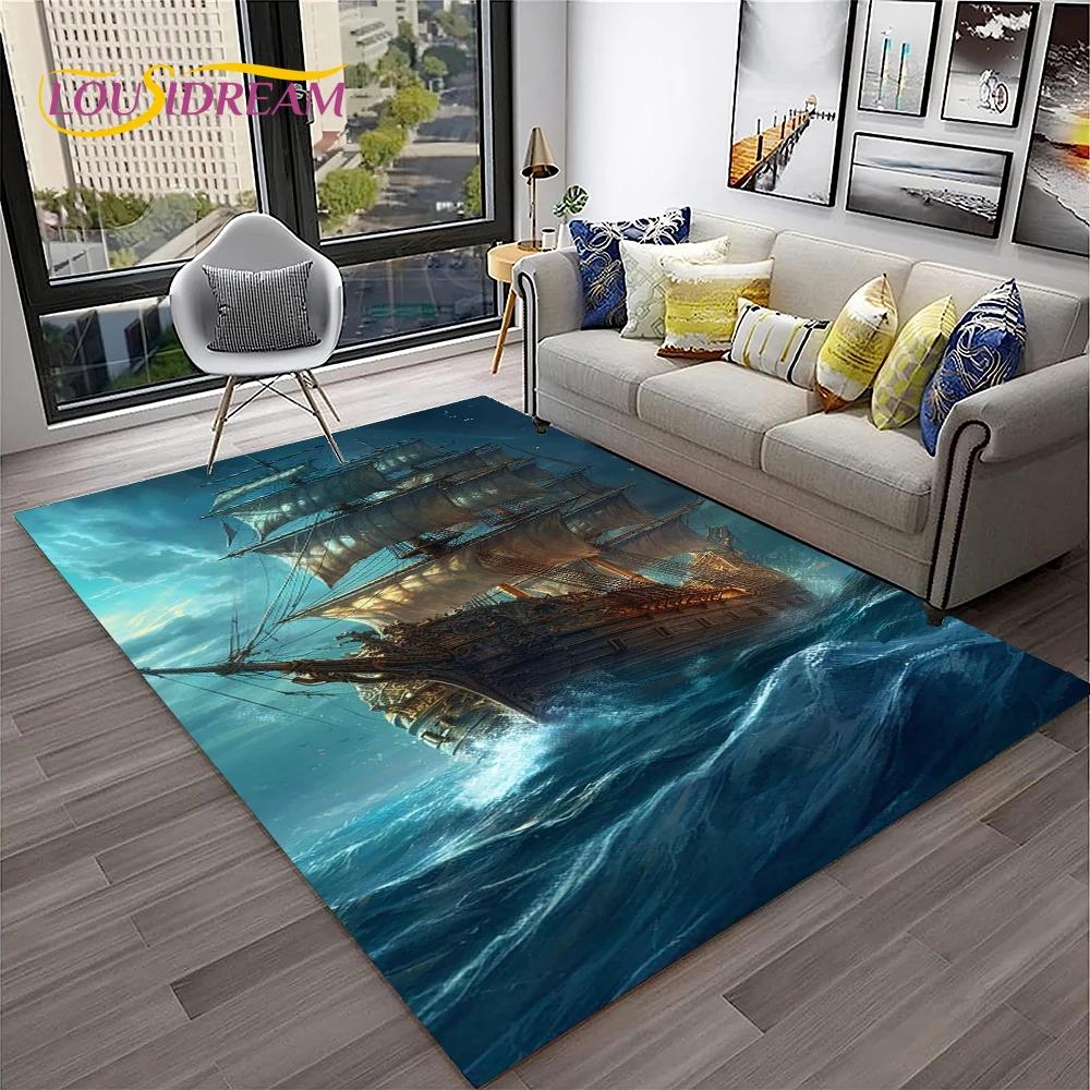 3D Piratenschiff Boot, Segelboot, Barke Teppich für Zuhause Wohnzimmer Schlafzimmer Sofa Fußmatte Dekor, Kinderbereich Teppich Rutschfeste Bodenmatte