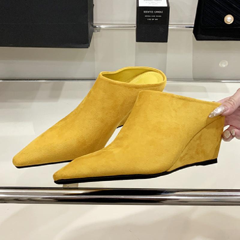 Fashion High Quality Faux Suede Pointed Toe Platform Sandals Women Fashion Shallow Wedges Slide Sandal Elegant Party Designer Dress Shoe