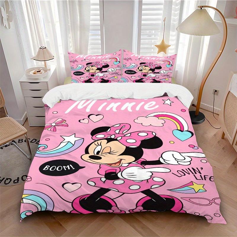 3pcs set Minnie Mouse, Pink Background, Cartoon Style Bedding Set with Duvet Cover+Pillowcases, All-Season Polyester, Zipper Closure78 135x200cm