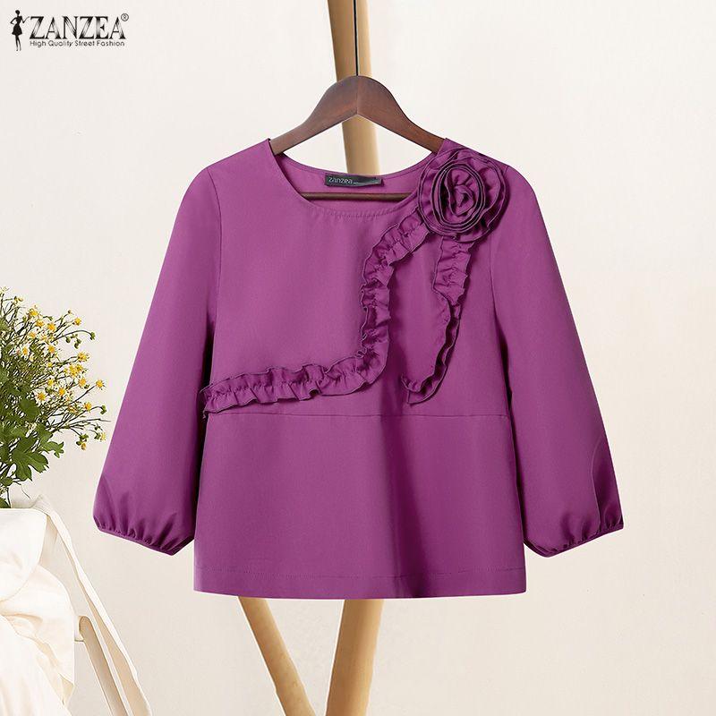 ZANZEA Women Casual Round Neck Loose 3/4 Sleeve Blouse