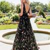 Women Sexy Sleeveless Backless Deep-V Embroider Floral Print Party Maxi Dress