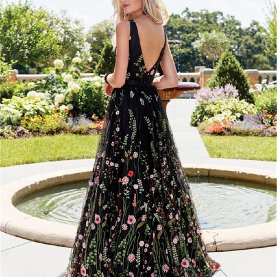 Women Sexy Sleeveless Backless Deep-V Embroider Floral Print Party Maxi Dress