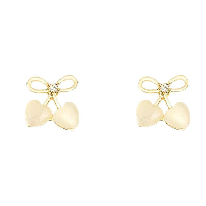 Exquisite Bow Heart & Cherry Stud Earrings - Elegant, Fashionable, Light Luxury Design