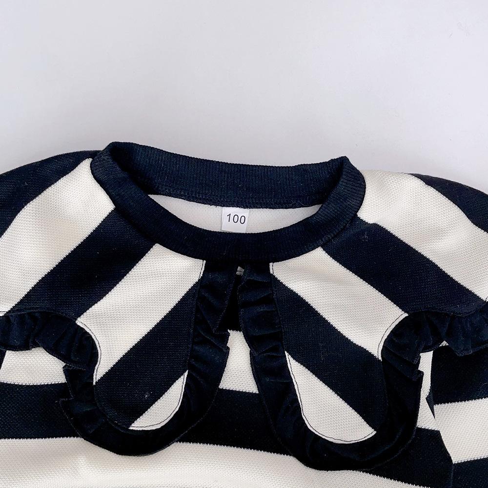 Girls' Autumn Outfit with Turn-down Collar Top Set New Trendy Children's Striped Sweatshirt Flared Pants Baby Two-piece Set