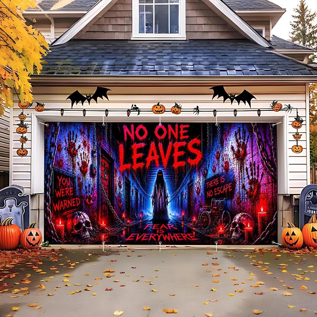 7x16 FT Halloween Garage Door Banner Cover, Bloody Handprints Ghost