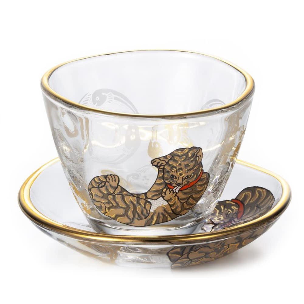 Edo Cat Glass Sake Cup Small Plate Made in Cat Gold Leaf Sake Small Japanese Japanese Japanese Japanese Japanese Favolic & Set, Japan, Cat,