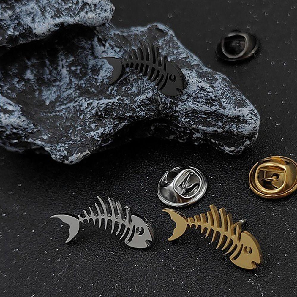 Hollow Design Fish Bone Badge Stainless Steel Fish Skeleton Lapel Pin Suit Decoration