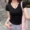 Black Right Shoulder Slim V-neck Short-sleeved T-shirt for Women Summer New Korean Style Pleated Slim Waist Short Top