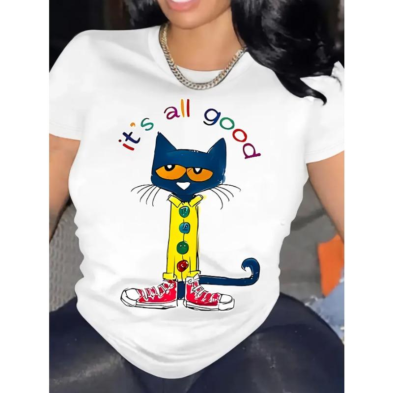 Funny Cartoon Cat Printed Round Neck T-Shirt, Casual Short Sleeve Tee for Spring and Autumn, Women'S Clothing.
