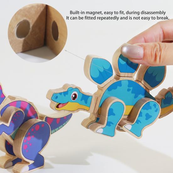 4Pcs/Set Magnetic 3D Dinosaur Puzzle DIY Wooden Kids Cartoon Dino Building Block Educational Dinosaur Model Assembly Toy Toddlers Boys Girls Gift