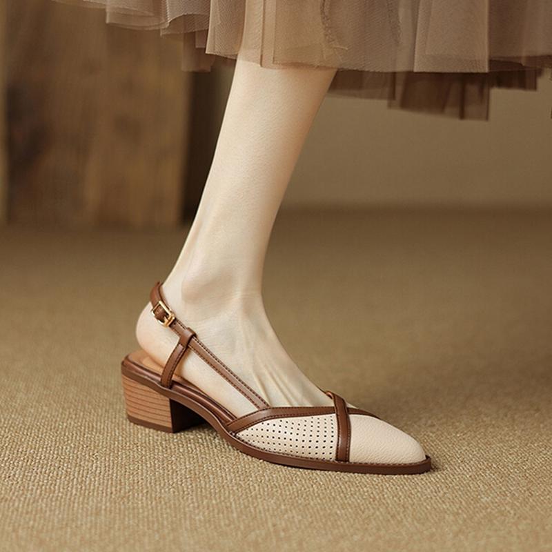 Fashion NEW Summer Women Sandals Split Leather Shoes for Women Pointed Toe Chunky Heel Shoes Cover Toe Slingback Hollow Designer Sandals