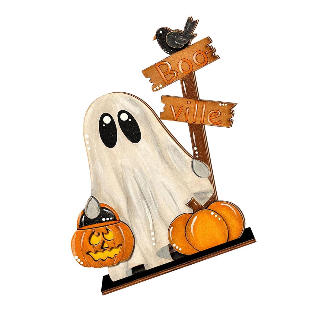 Halloween Decoration Wooden Pumpkin Ghostly Ornament Tabletop Wood Sign For Mantels Desk Shelf Holiday Party